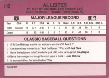 1989 Classic #112 Al Leiter Back