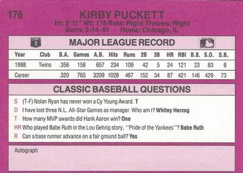 1989 Classic #176 Kirby Puckett Back