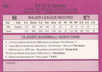 1989 Classic #184 Pete O'Brien Back