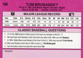 1989 Classic #186 Tom Brunansky Back