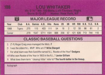 1989 Classic #188 Lou Whitaker Back