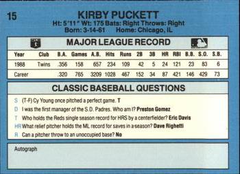 1989 Classic #15 Kirby Puckett Back