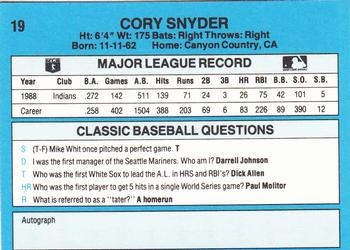 1989 Classic #19 Cory Snyder Back