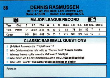1989 Classic #86 Dennis Rasmussen Back