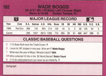 1989 Classic #102 Wade Boggs Back