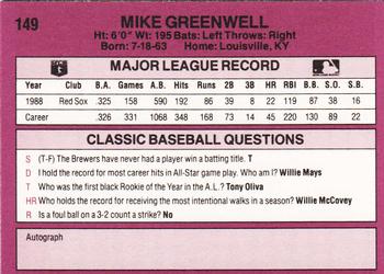 1989 Classic #149 Mike Greenwell Back