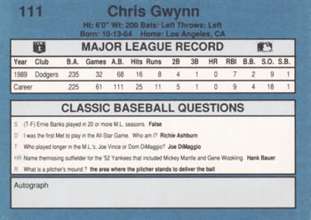 1990 Classic Blue #111 Chris Gwynn Back