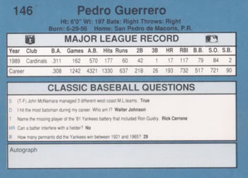 1990 Classic Blue #146 Pedro Guerrero Back