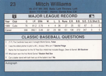 1990 Classic Blue #23 Mitch Williams Back