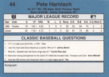 1990 Classic Blue #44 Pete Harnisch Back