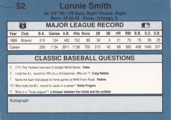 1990 Classic Blue #52 Lonnie Smith Back