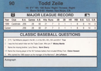 1990 Classic Blue #90 Todd Zeile Back