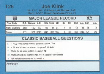 1990 Classic Yellow #T26 Joe Klink Back