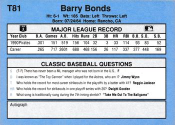 1991 Classic I #T81 Barry Bonds Back