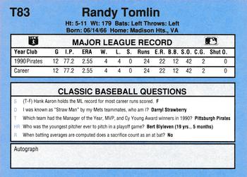 1991 Classic I #T83 Randy Tomlin Back