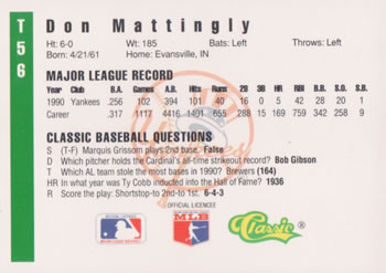 1991 Classic III #T56 Don Mattingly Back