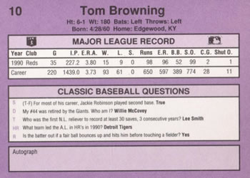 1991 Classic #10 Tom Browning Back