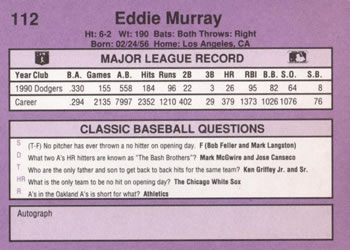 1991 Classic #112 Eddie Murray Back