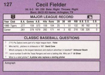 1991 Classic #127 Cecil Fielder Back
