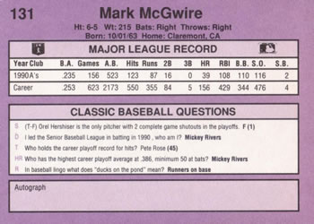 1991 Classic #131 Mark McGwire Back
