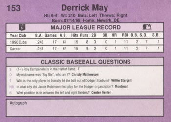 1991 Classic #153 Derrick May Back