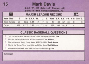 1991 Classic #15 Mark Davis Back