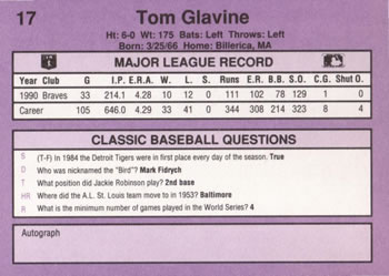 1991 Classic #17 Tom Glavine Back