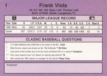 1991 Classic #1 Frank Viola Back