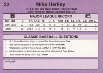 1991 Classic #22 Mike Harkey Back