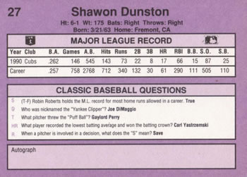 1991 Classic #27 Shawon Dunston Back