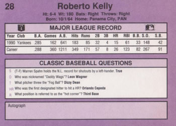 1991 Classic #28 Roberto Kelly Back