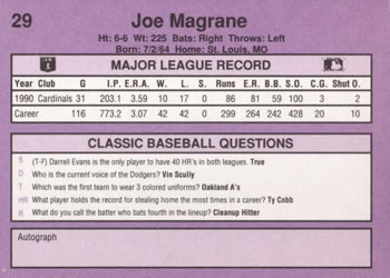 1991 Classic #29 Joe Magrane Back