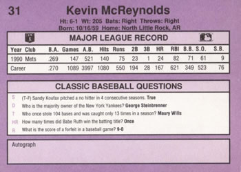 1991 Classic #31 Kevin McReynolds Back