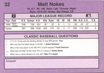 1991 Classic #32 Matt Nokes Back