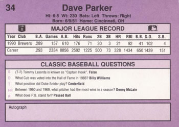 1991 Classic #34 Dave Parker Back