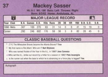 1991 Classic #37 Mackey Sasser Back