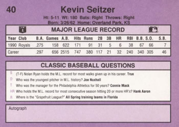 1991 Classic #40 Kevin Seitzer Back