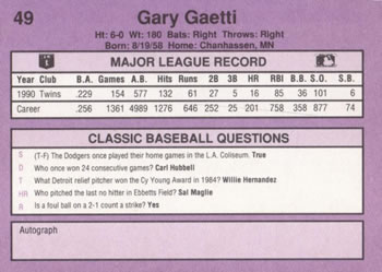 1991 Classic #49 Gary Gaetti Back