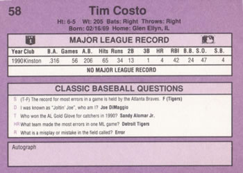 1991 Classic #58 Tim Costo Back