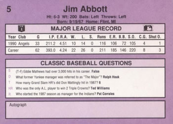 1991 Classic #5 Jim Abbott Back