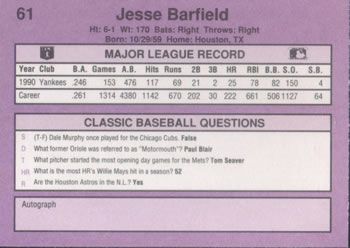 1991 Classic #61 Jesse Barfield Back