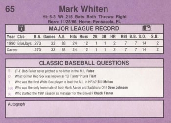 1991 Classic #65 Mark Whiten Back