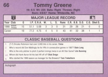 1991 Classic #66 Tommy Greene Back