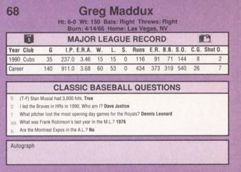 1991 Classic #68 Greg Maddux Back