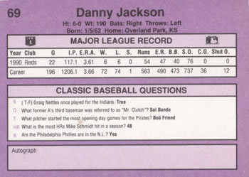 1991 Classic #69 Danny Jackson Back