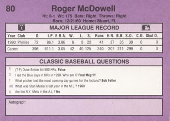 1991 Classic #80 Roger McDowell Back
