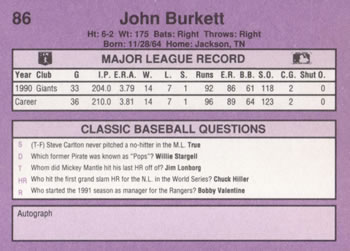 1991 Classic #86 John Burkett Back