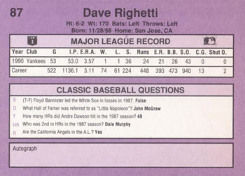 1991 Classic #87 Dave Righetti Back