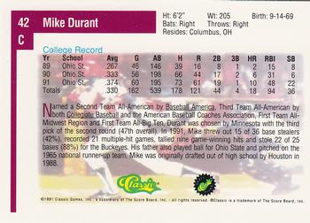 1991 Classic Draft Picks #42 Mike Durant Back