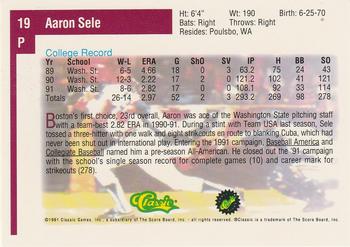 1991 Classic Draft Picks #19 Aaron Sele Back